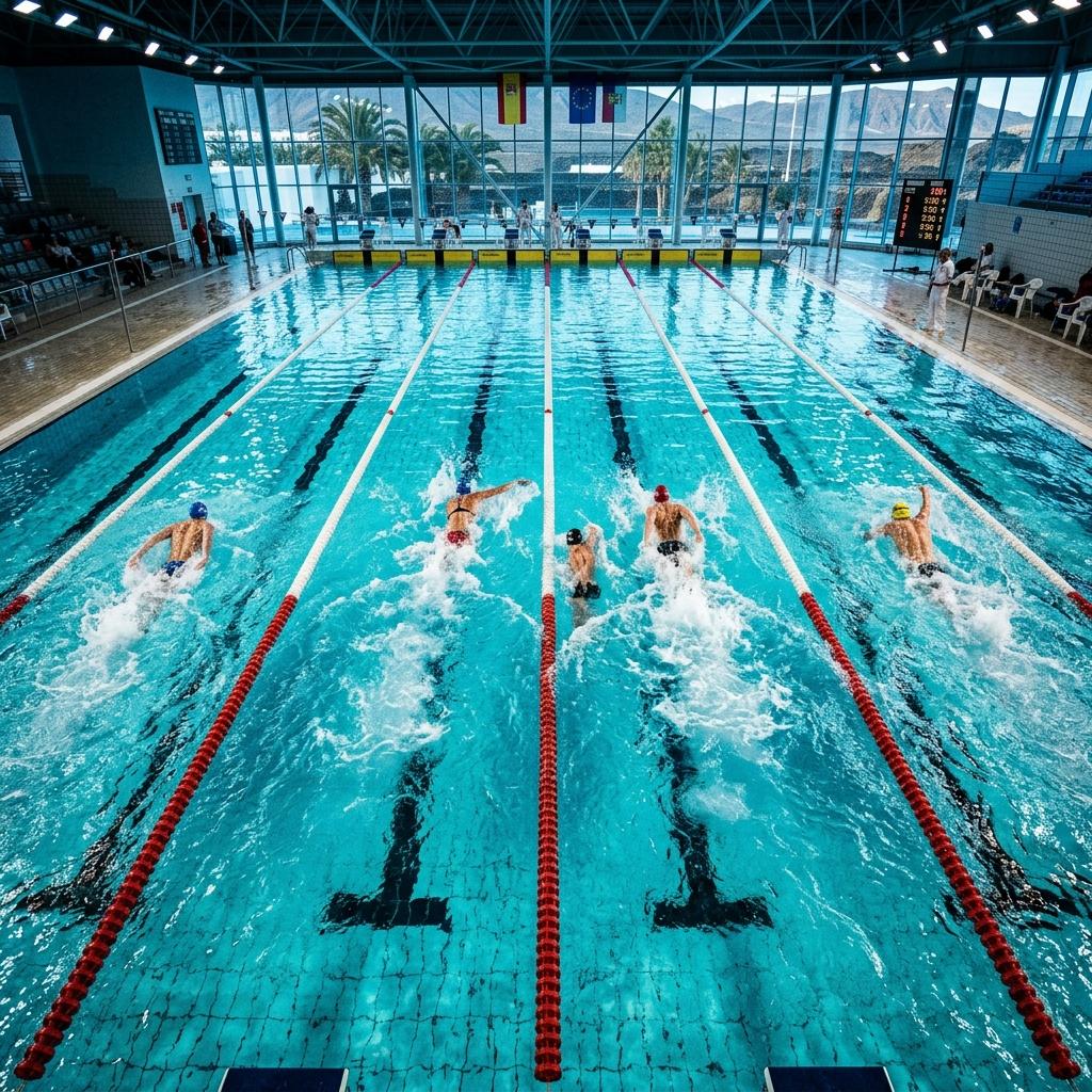 Nadadores compitiendo en piscina